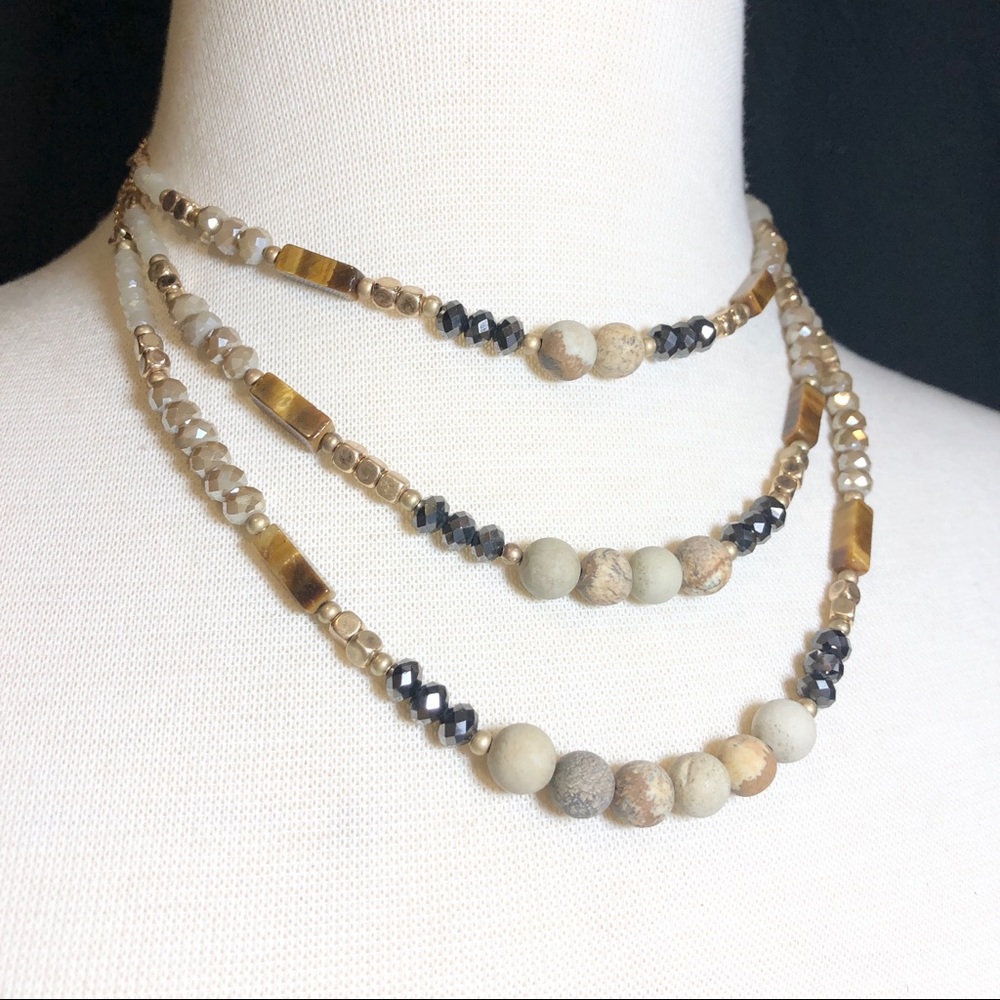 3 Row Layered Brown Grey Stone Glass Bead Necklace - Picture 2 of 3